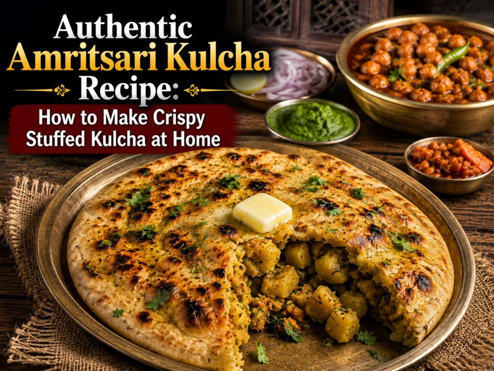 Homemade Amritsari kulcha with potato filling served with chole