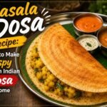 Crispy masala dosa with potato filling, sambar and coconut chutney
