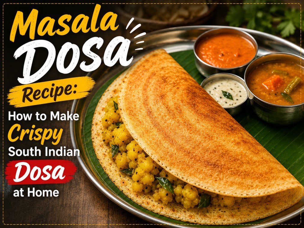 Crispy masala dosa with potato filling, sambar and coconut chutney