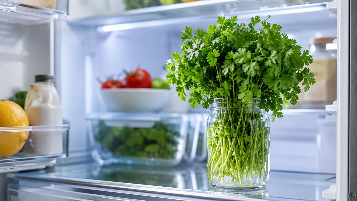 Fresh coriander leaves stored in a glass jar to keep them fresh for up to 3 weeks