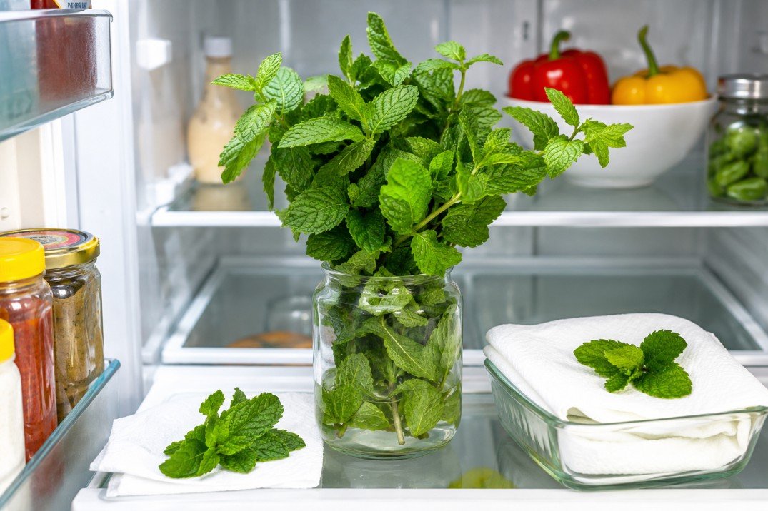 Fresh mint leaves stored in a glass jar to keep them fresh longer