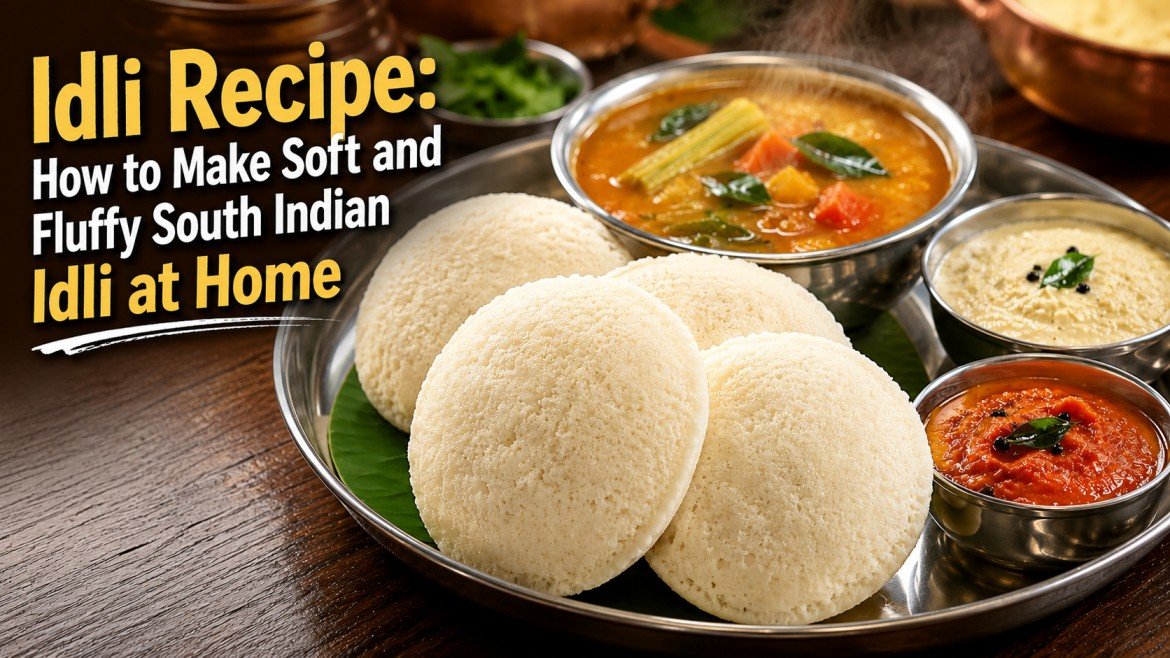 Soft South Indian idli served with sambar and coconut chutney