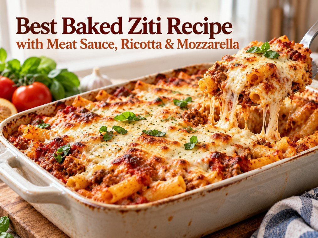 Homemade baked ziti with meat sauce, ricotta cheese, and melted mozzarella in a casserole dish.