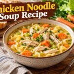 Homemade chicken noodle soup recipe with tender chicken, egg noodles, carrots, celery, and savory broth.