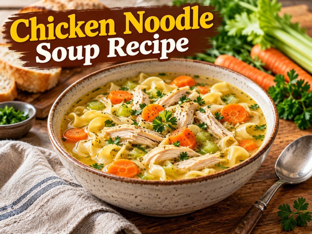 Homemade chicken noodle soup recipe with tender chicken, egg noodles, carrots, celery, and savory broth.