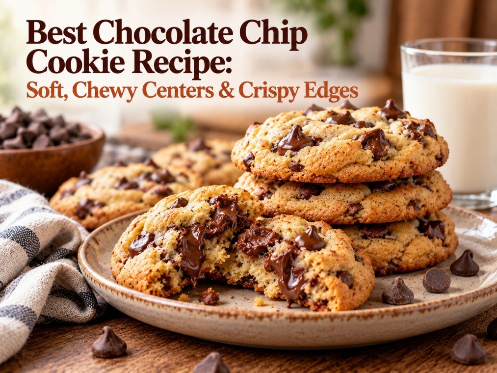 Homemade chocolate chip cookies with soft centers, golden crispy edges, and melted chocolate chips.