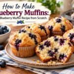 Homemade Blueberry Muffin Recipe with golden tops and juicy blueberries on a plate.