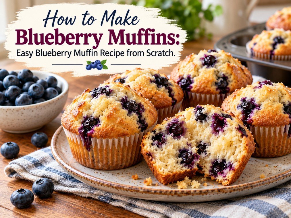 Homemade Blueberry Muffin Recipe with golden tops and juicy blueberries on a plate.