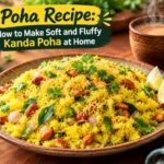 Homemade Maharashtrian Kanda Poha with peanuts, onions, curry leaves, and fresh coriander