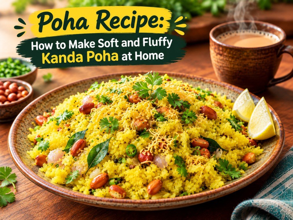 Homemade Maharashtrian Kanda Poha with peanuts, onions, curry leaves, and fresh coriander