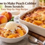 Homemade peach cobbler with juicy peaches and a golden buttery topping.