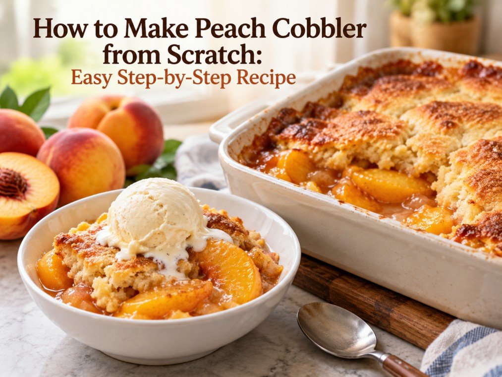 Homemade peach cobbler with juicy peaches and a golden buttery topping.